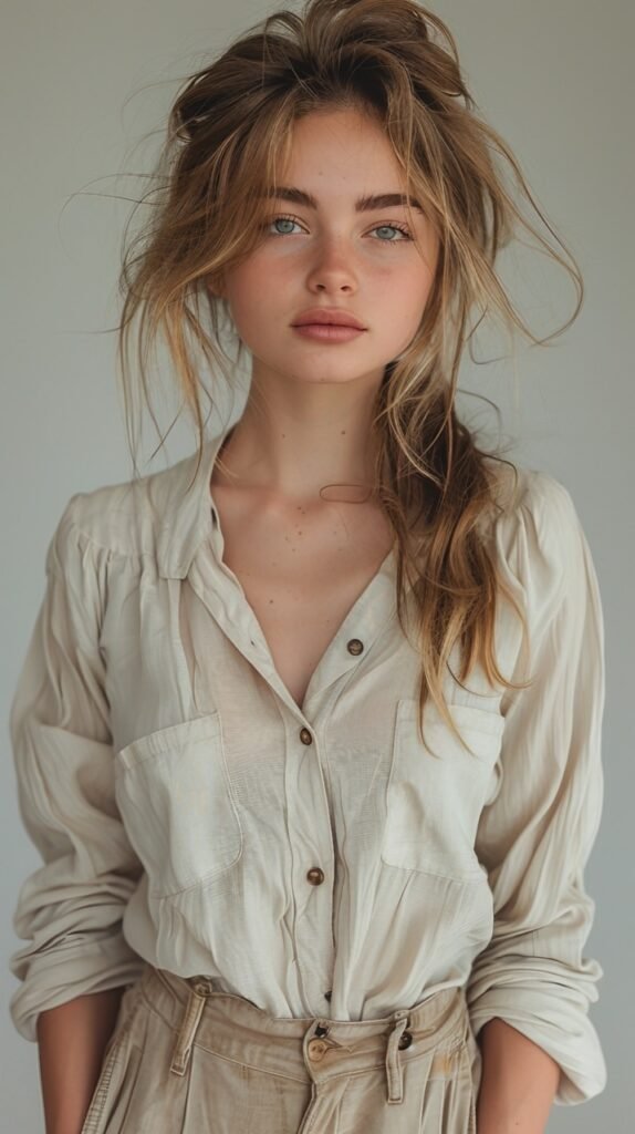 Stylish Studio Portrait – Young Model Woman Posing with Hands in Pockets Stock Image