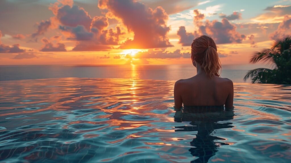 Sunrise at poolside suite – stock photo capturing woman’s view at luxury tropical resor