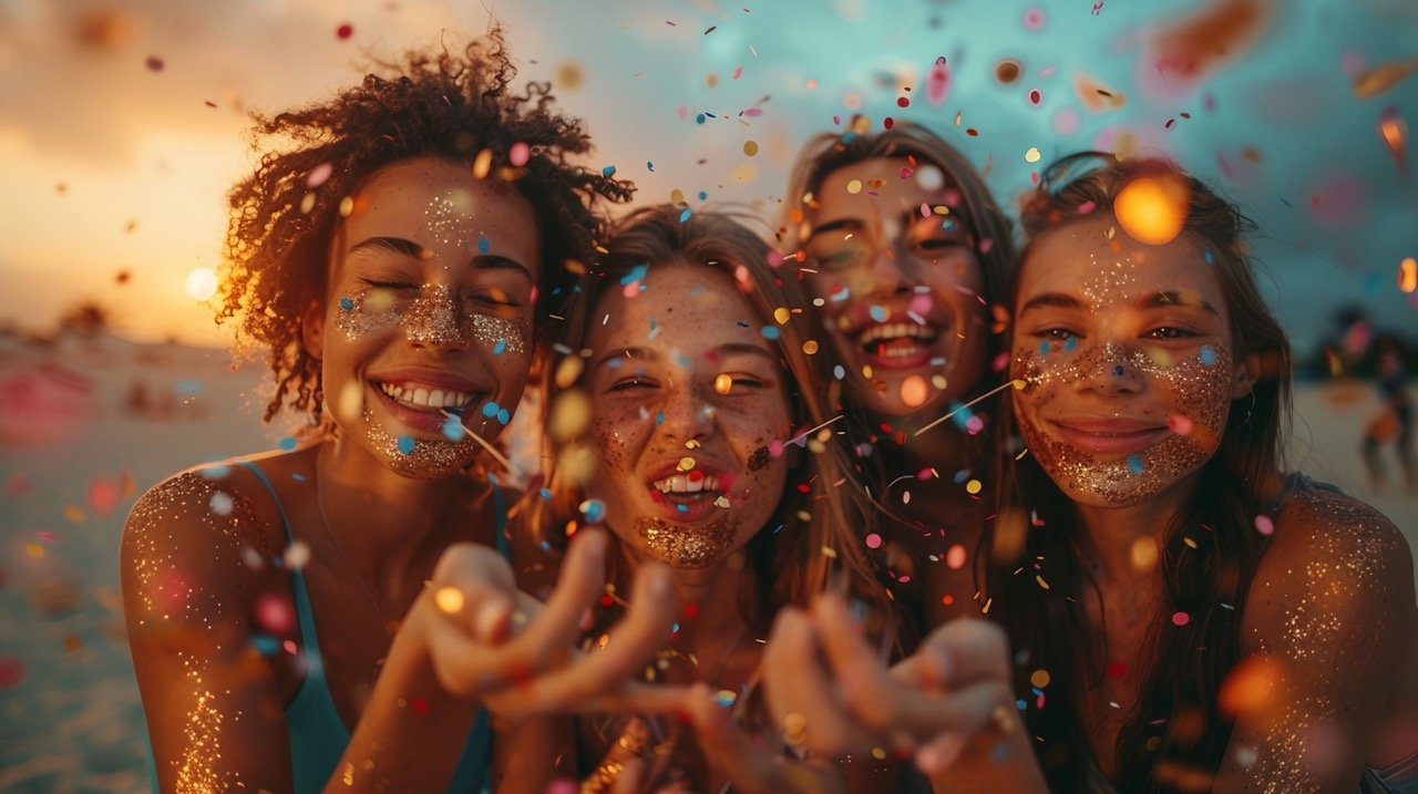 Fun with Confetti Teen Hipster Party – stock picture showing friends celebrating with colorful confetti