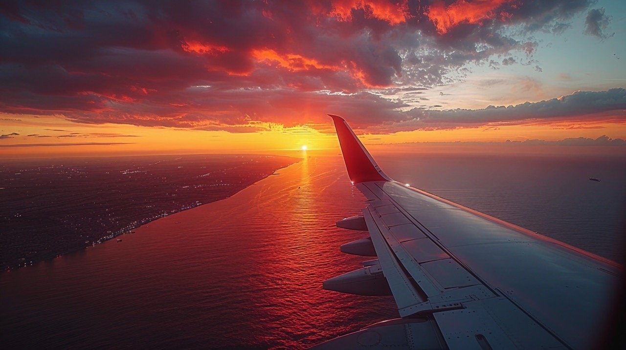 Sunset Plane Wing View – Outdoor Aircraft Scene, Nature Skyline, Sunlight Flare, Sunset Photography – Stock Image