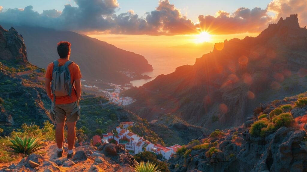 Sunset over Masca village – stock image of tourist admiring Tenerife’s picturesque landscape in Canary Islands