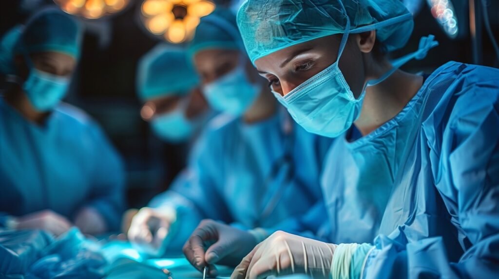 Surgical Procedure Surgeon Adjusting Glove in Operating Room – Medical Stock Image