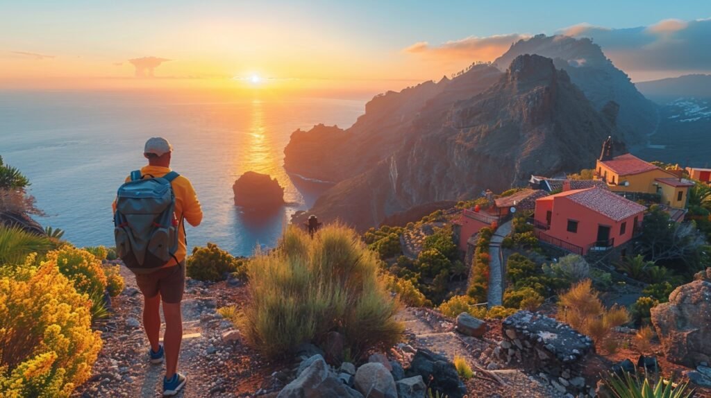 Tenerife’s Masca village – stock photo of tourist enjoying sunset view in Canary Islands