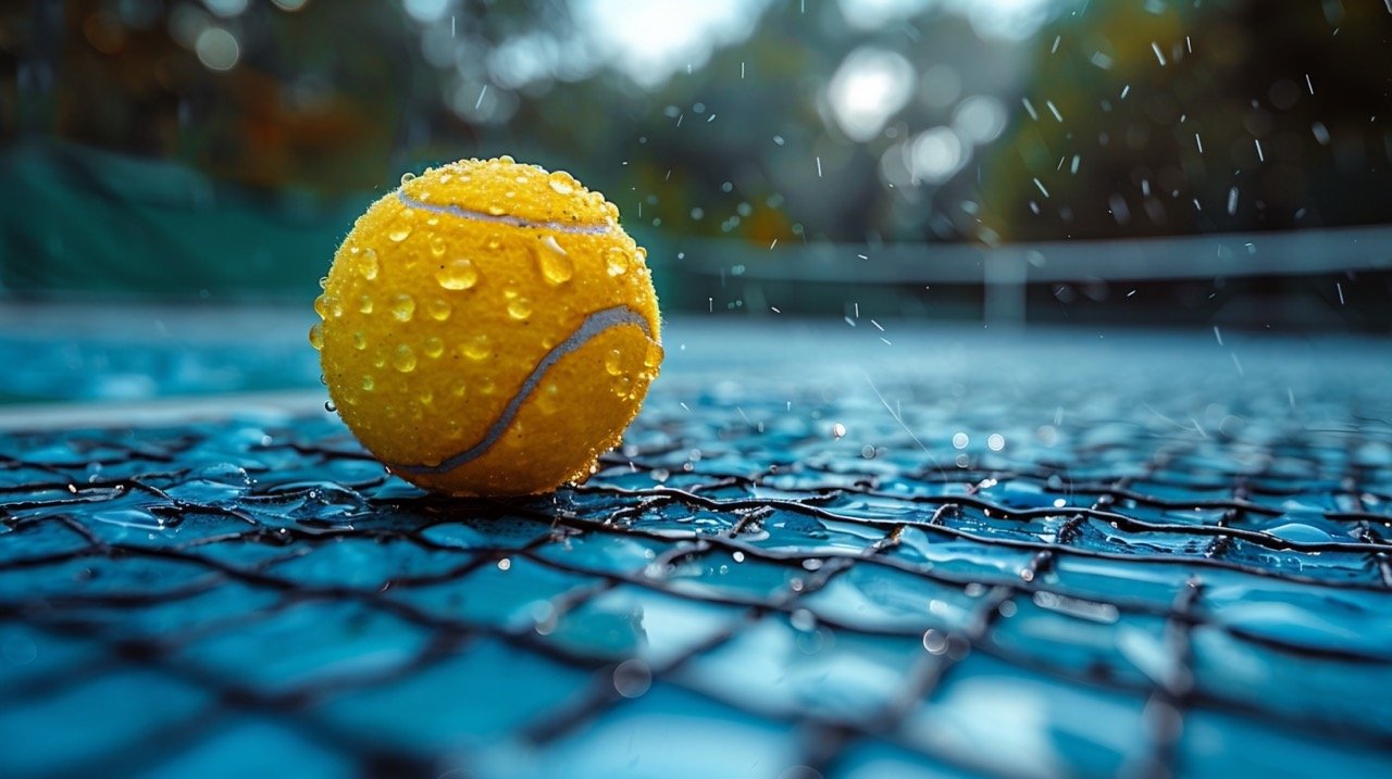 Tennis Court Scene – Blue Tennis Ball on Net, Racket, Sports Gear, Active Lifestyle – Stock Photo