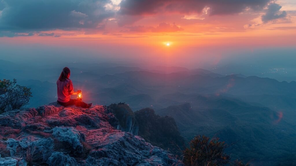 Thai-Laos border view – stock photo of tourist woman with lantern on Doi Pha Tang mountain