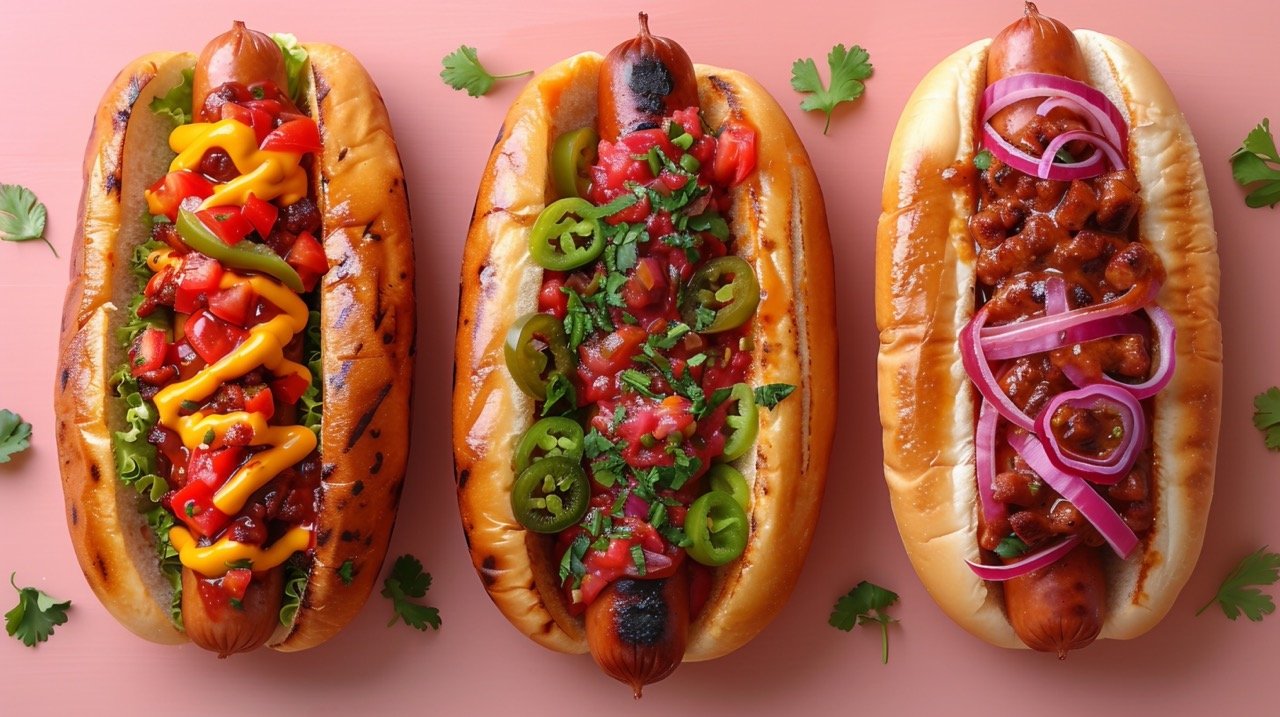 Three Hotdog Types Top View Photo, Various Recipes, Pink Backdrop – Best SEO