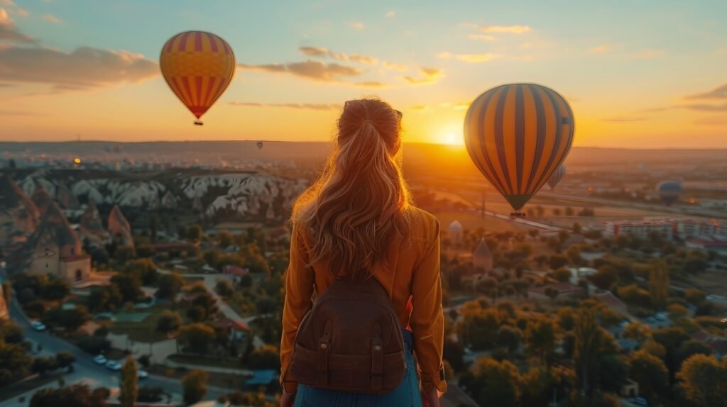 Tourist enjoys hot air balloons – stock image of woman at hotel rooftop during vacation