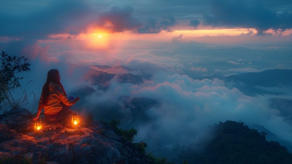 Tourist with lantern on Doi Pha Tang mountain – stock photo at Thai-Laotian border, Chiang Rai, Thailand