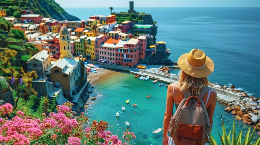 Tourist’s memory in Vernazza – stock image of woman capturing Cinque Terre’s charm with her camera