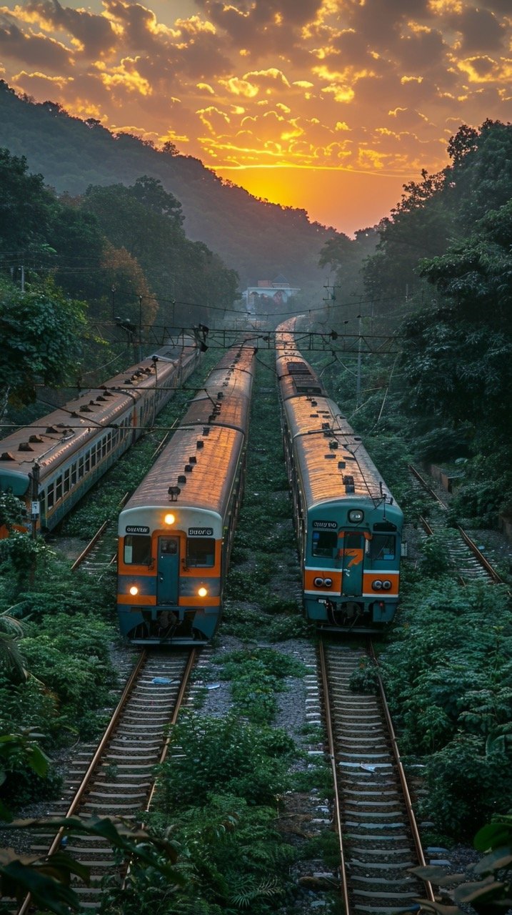 Train Overtaking Moment Indian Railways’ Local Suburban and Interstate Express Trains – Stock Image