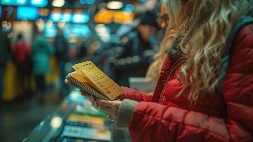 Travel documents in hand – stock photo of woman holding passports and boarding passes at airport check-in