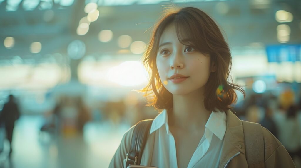 Travel preparation – stock photo of a young Asian woman with suitcase and smartphone in airport terminal