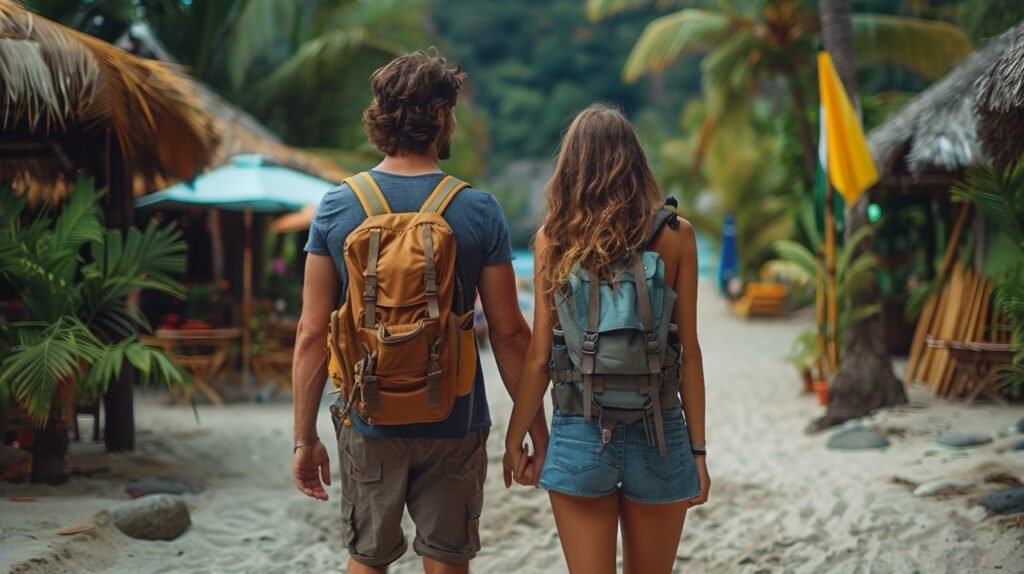 Travelers’ excitement at resort – stock image capturing couple’s anticipation of room view