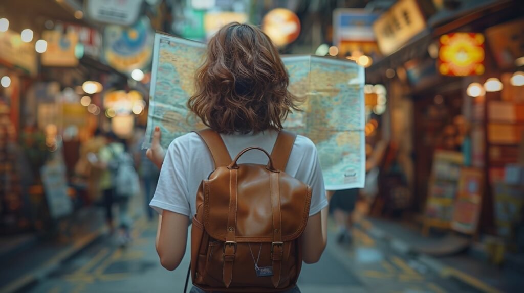 Traveling solo in Singapore – stock photo of a young woman checking map in street market