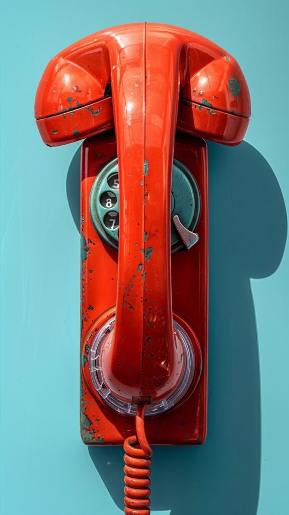 Turquoise Background Vintage Phone – High-Angle Stock Photo of Red Receiver with Coiled Cable