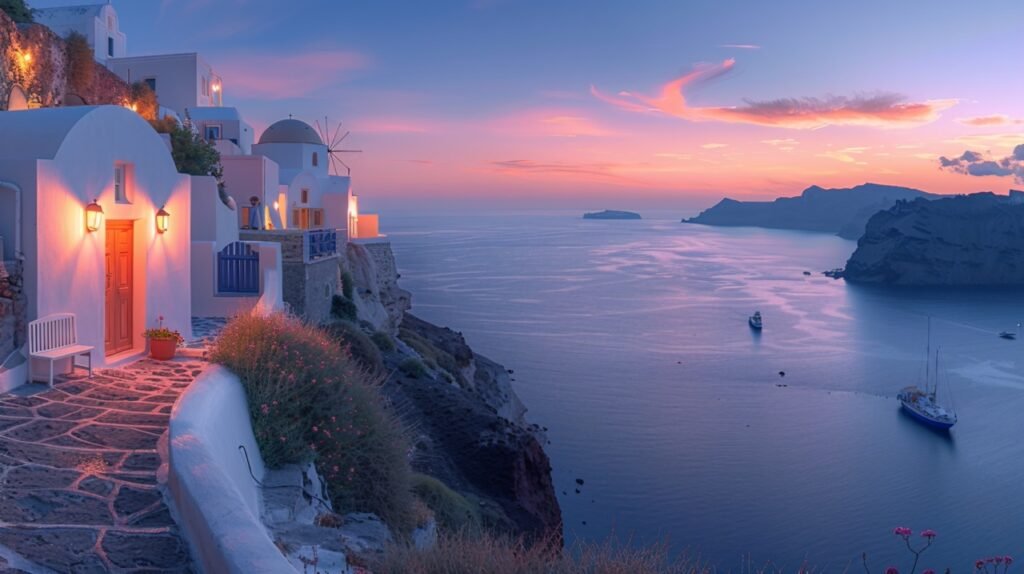 Twilight in Oia, Santorini – stock image capturing Cyclades’ picturesque houses and churches after sunset