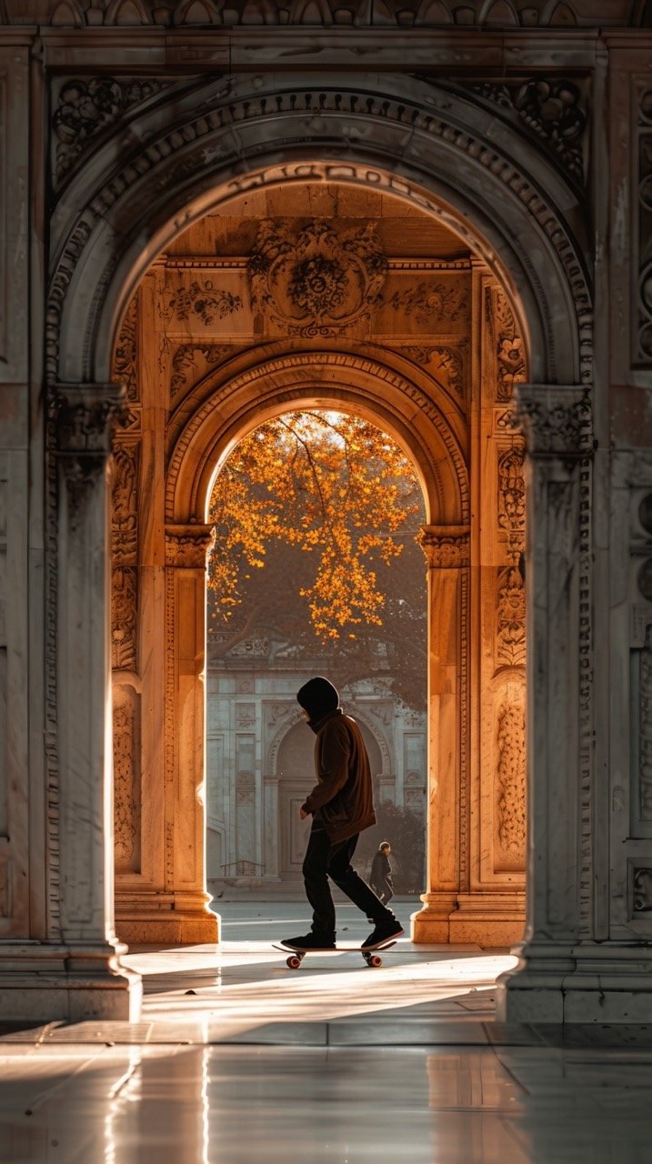 Urban Skateboarding – Man Riding Skateboard by Tall Arch, Grey Architecture Scene – Stock Image