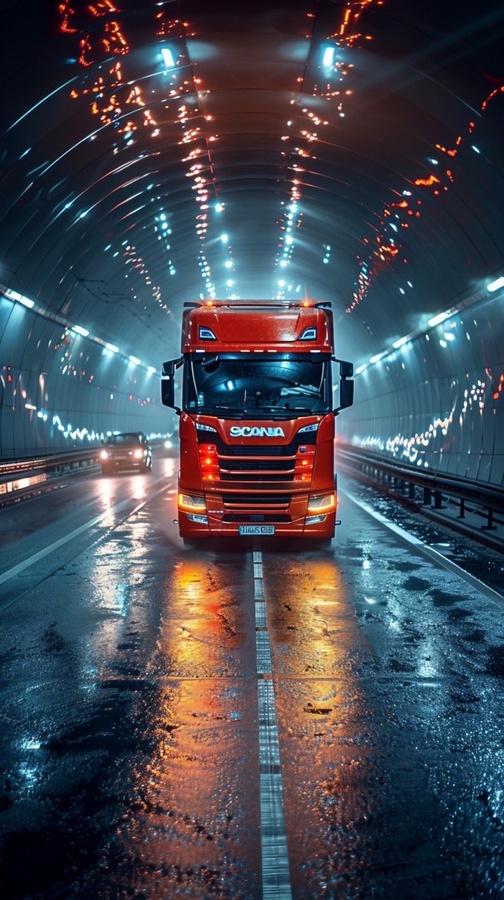 Urban Tunnel Scene Lorry Driving with Cars in Background – Stock Photo