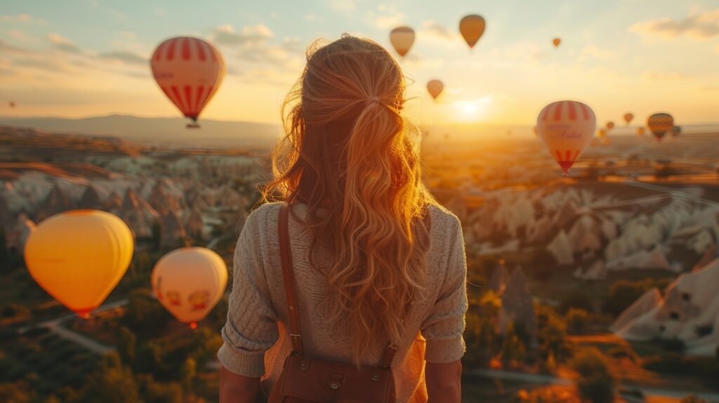 Vacationing tourist with balloons – stock image of woman enjoying hotel rooftop spectacle