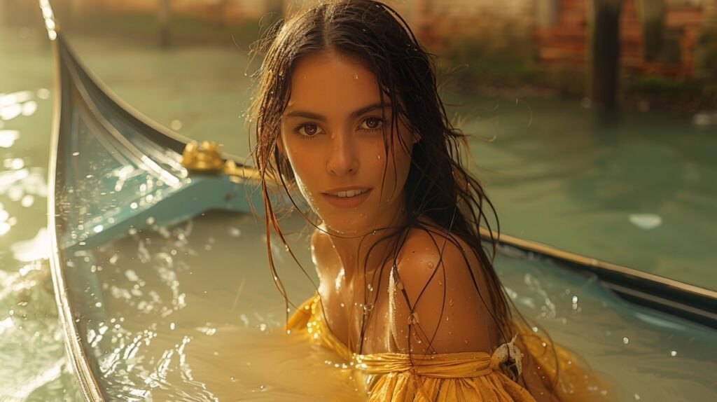 Venetian gondola ride – stock photo of a young woman enjoying a gondola ride in Venice