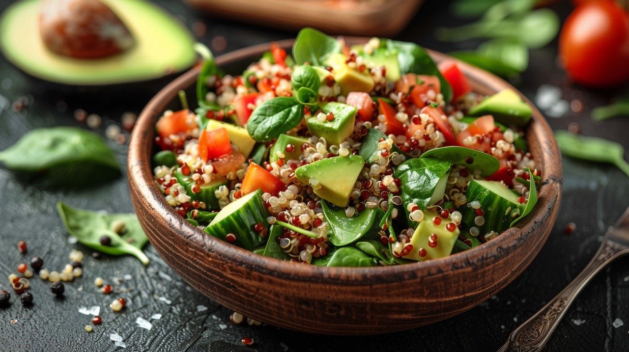 Vibrant Quinoa Salad – Stock Photo Showcasing Freshness with Avocado, Cucumber, Spinach, and Tomatoes