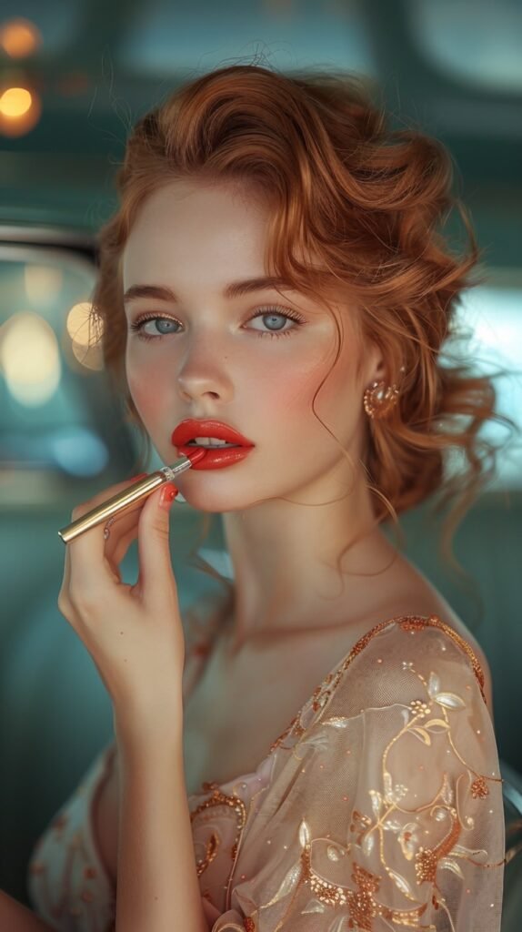 Vintage Car Makeup – Stock Photo of Woman in 50s Dress Applying Lipstick