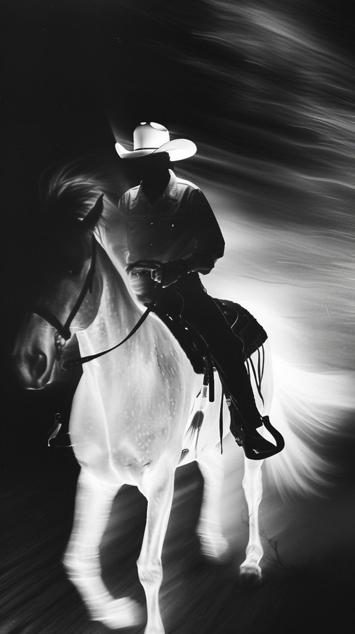 Vintage Cowboy Silhouette1993 Black & White Party Photo, White Light Cowboy, Horse Ride, Motion Blur