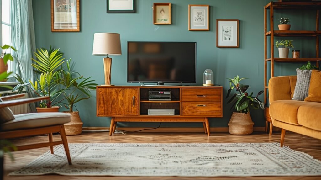 Vintage Home Decor – Stock Photo of Retro Living Room with TV and Lamp on Wooden Desk