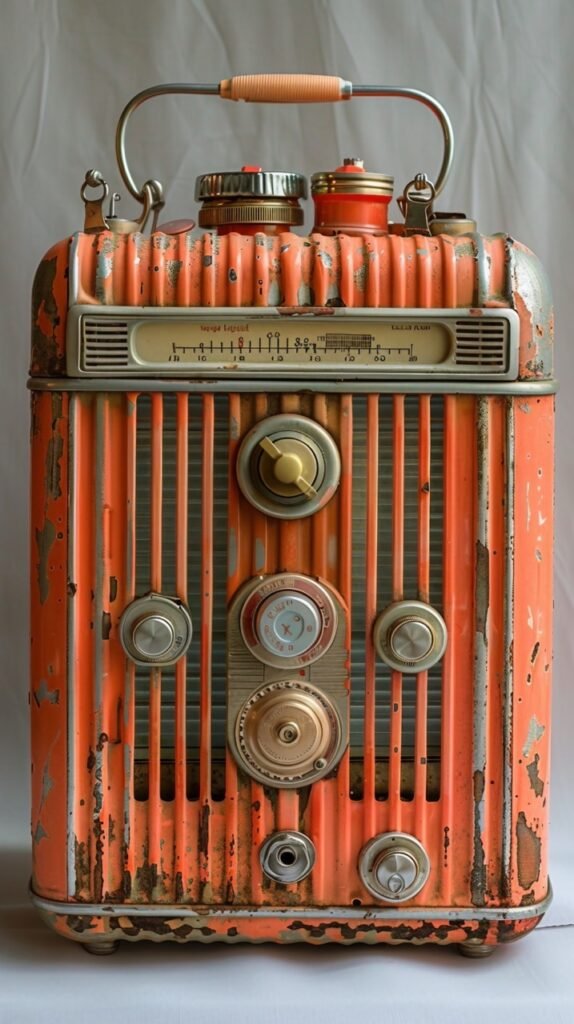 Vintage Radio Shaped Tin – Stock Photo of Red Retro Portable Radio on White Background