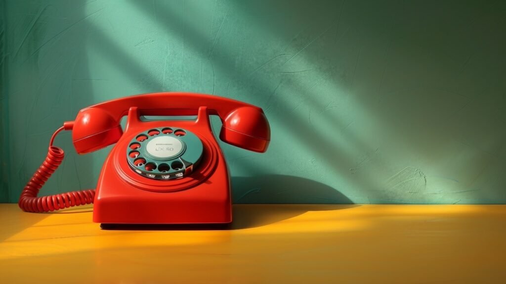 Vintage Red Rotary Phone – Stock Photo of Landline Receiver in Mid-Air on Yellow Surface