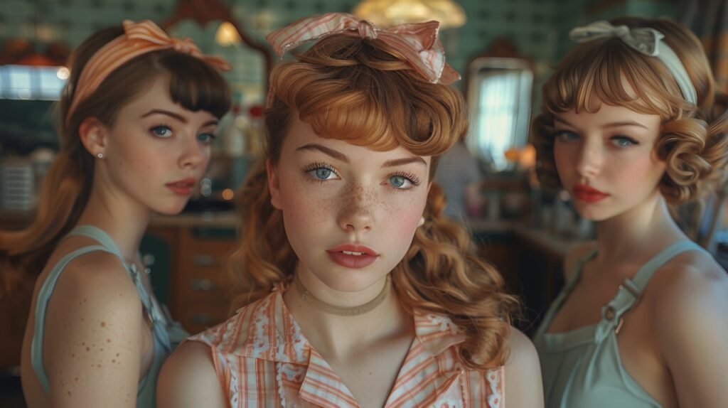 Vintage Style Beauty Salon – Stock Photo of Women Waiting in Retro Clothing