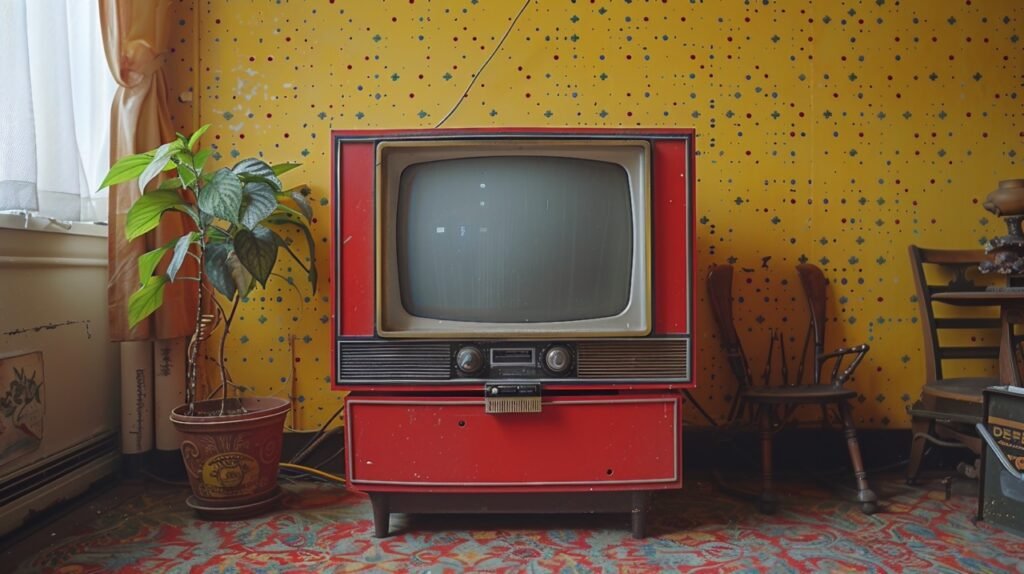 Vintage TV on Yellow Wallpaper – Stock Illustration of Retro Television Against Patterned Background