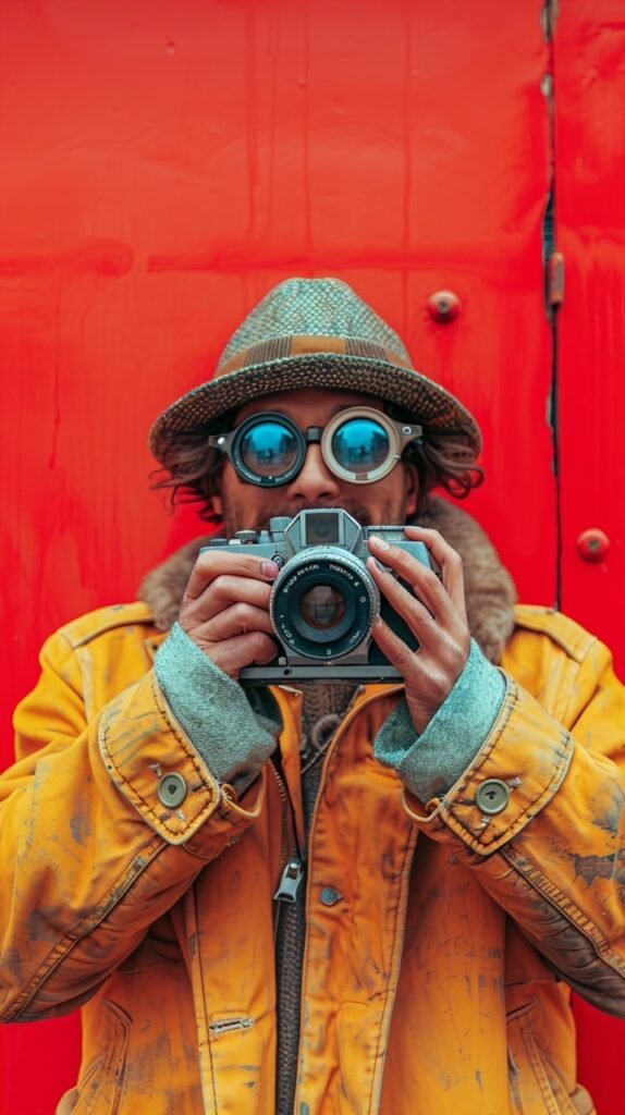 Vintage Video Camera Moment – Happy Man Smiling in Stock Photo on Red Background