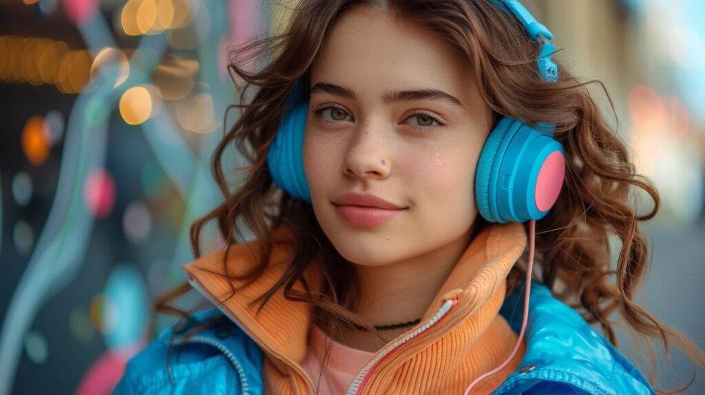 Vintage Walkman – Stock Photo of Retro 80s Woman in Shell Suit Listening to Classic Music Player