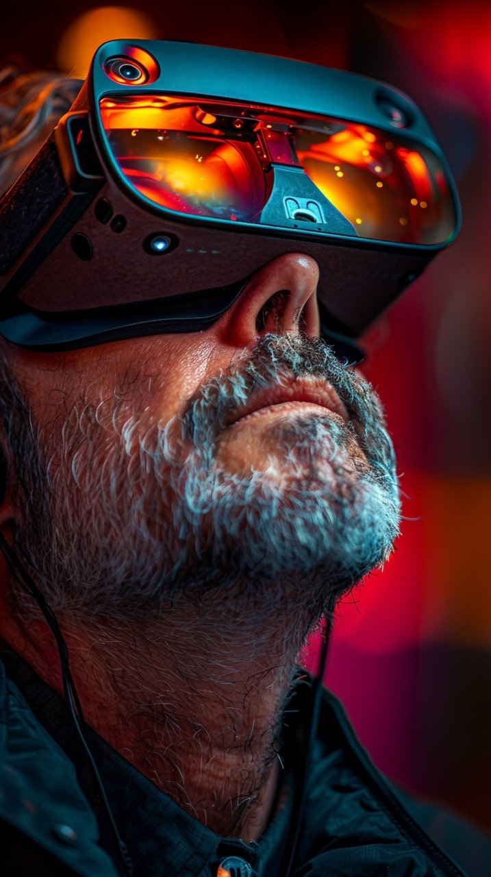 Virtual Reality Experience Man Using VR Headset – Stock Photo with Gel Lighting Effect