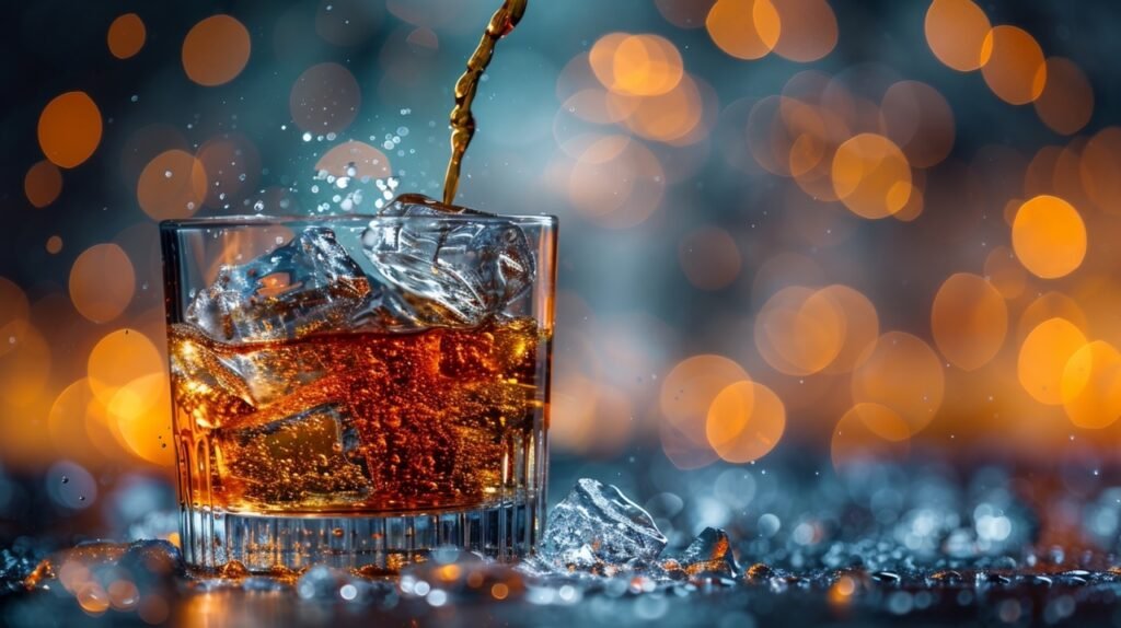 Whiskey pour Pouring glass over ice – Stock photo depicting whiskey being poured over ice cubes