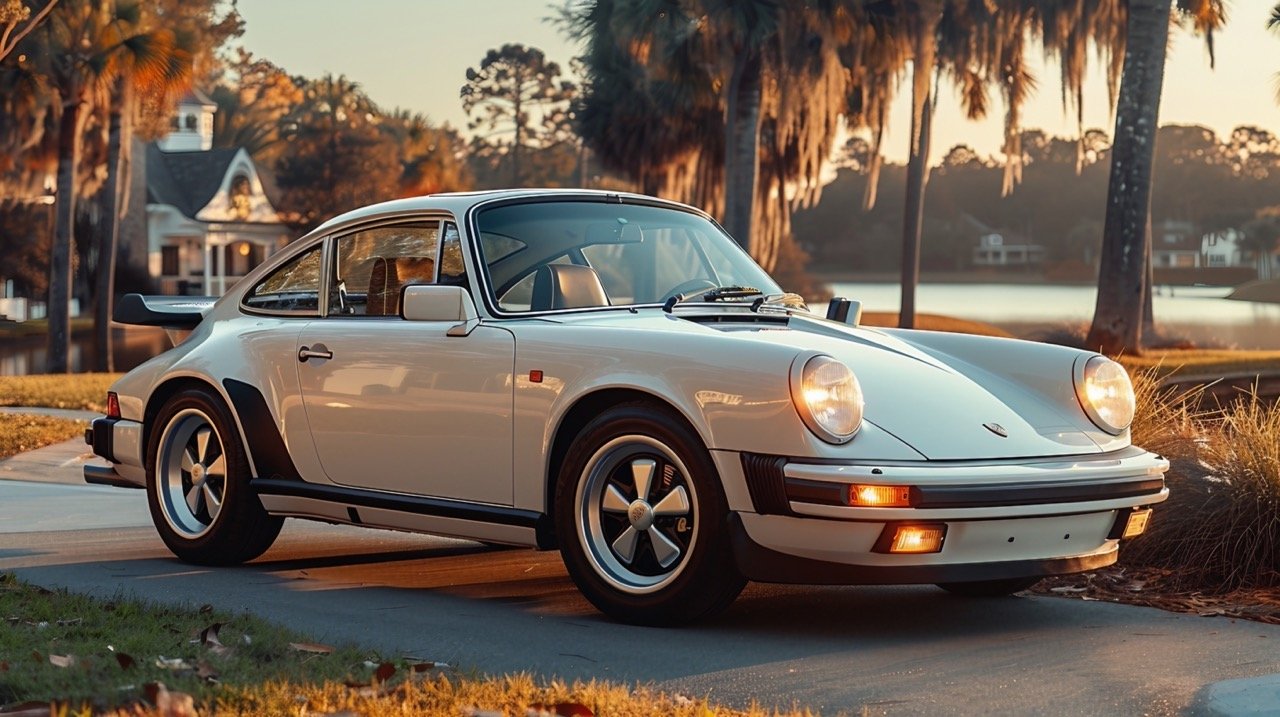 White Porsche 911 Parked by Road – Daytime Automotive Photography of Classic Luxury Car