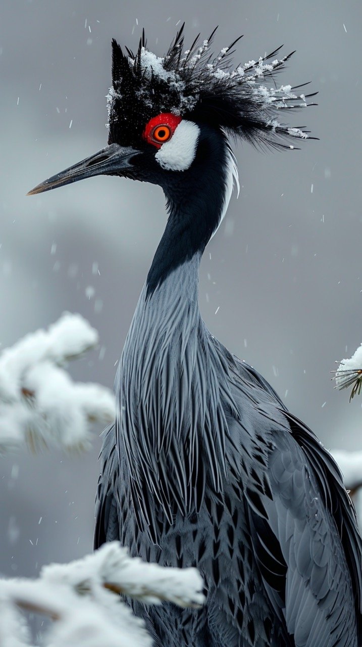 Wild Crane on Snow – Swedish Lapland’s Winter Wildlife, Migratory Bird with Yellow Eyes – Stock Image