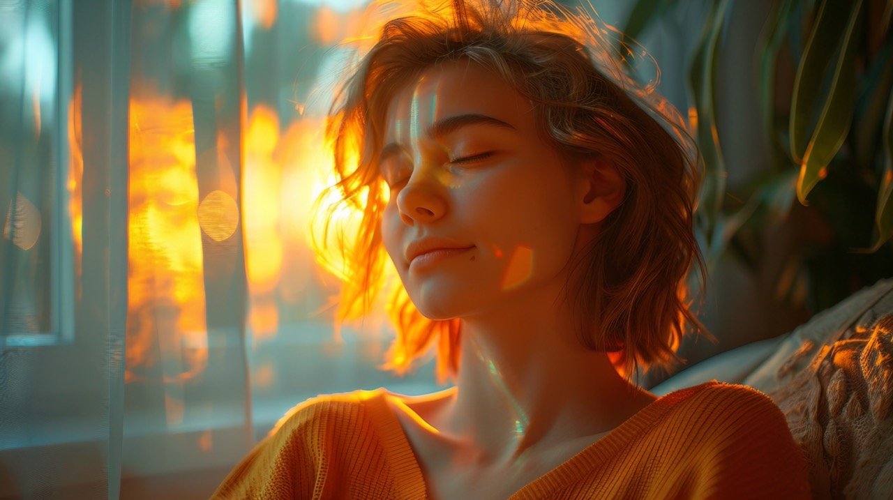 Woman Basking in Sunlight through Panoramic Windows Serene Indoor Scene with Natural Light