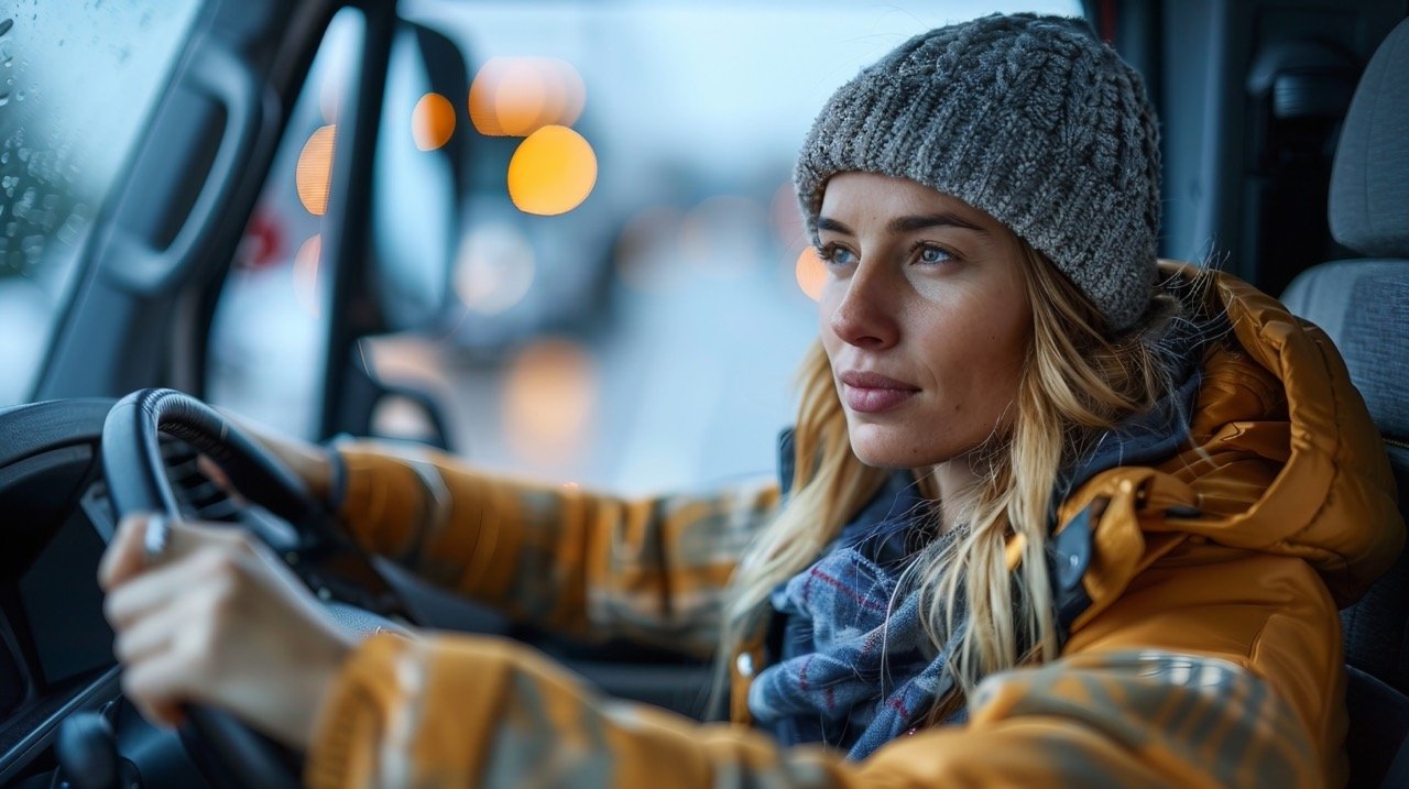 Woman driving heavy goods vehicle – HGV driver stock photo