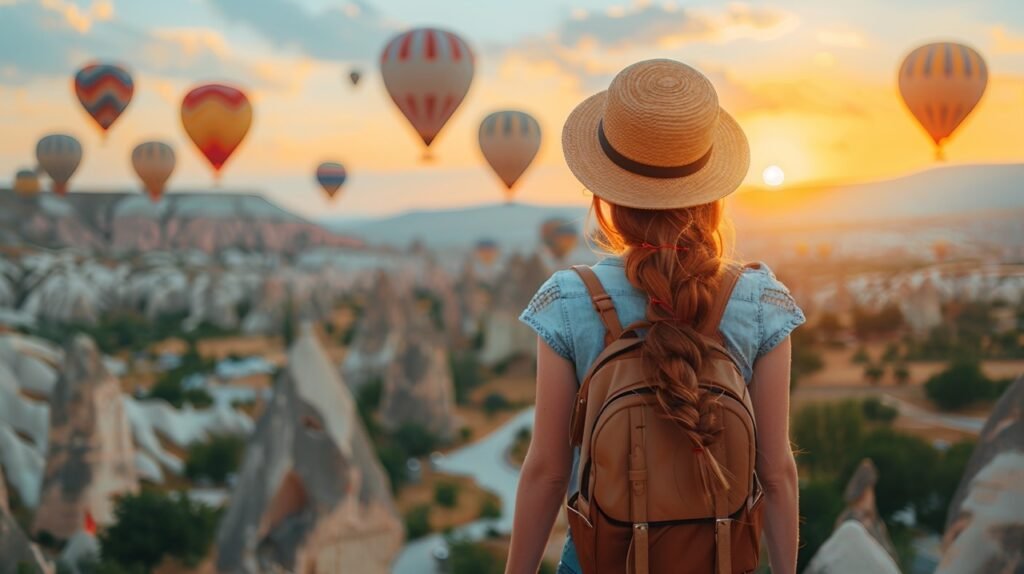 Woman tourist watching balloons – stock photo of female traveler enjoying rooftop view