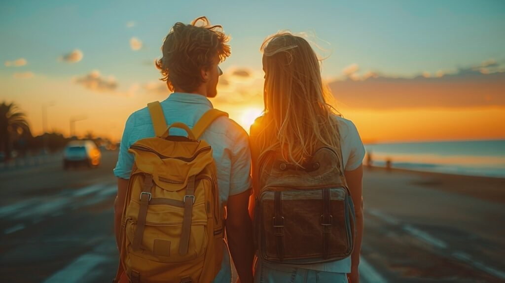 World-traveling couple – stock photo of young pair with suitcases arriving in Valencia