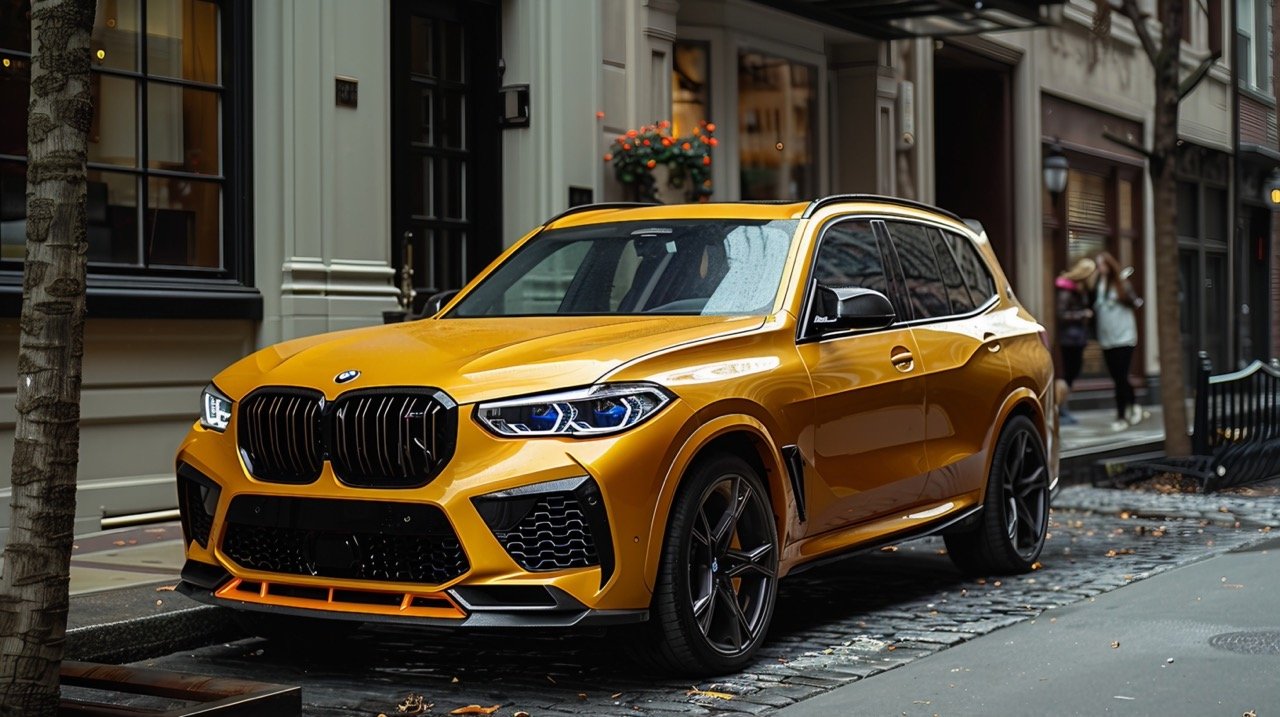 Yellow BMW SUV Parked Roadside Perfect Stock Image for Automotive and Luxury Vehicle Themes