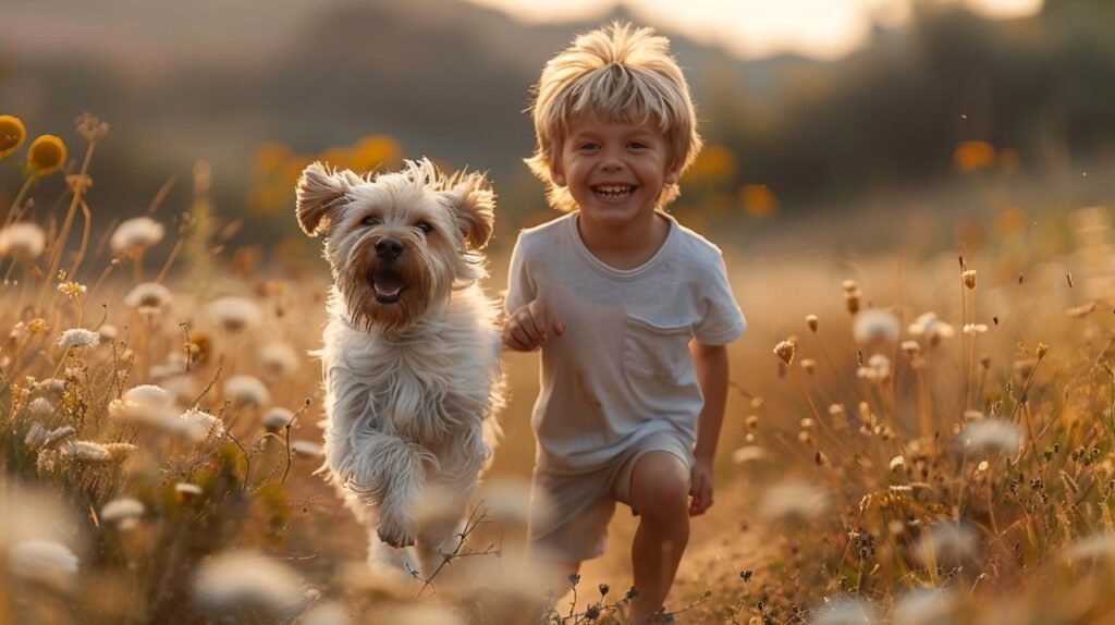 Young Boy Running with Dog – Stock Photo of Child and Bergamasco Shepherd Running in Bergamo, Italy