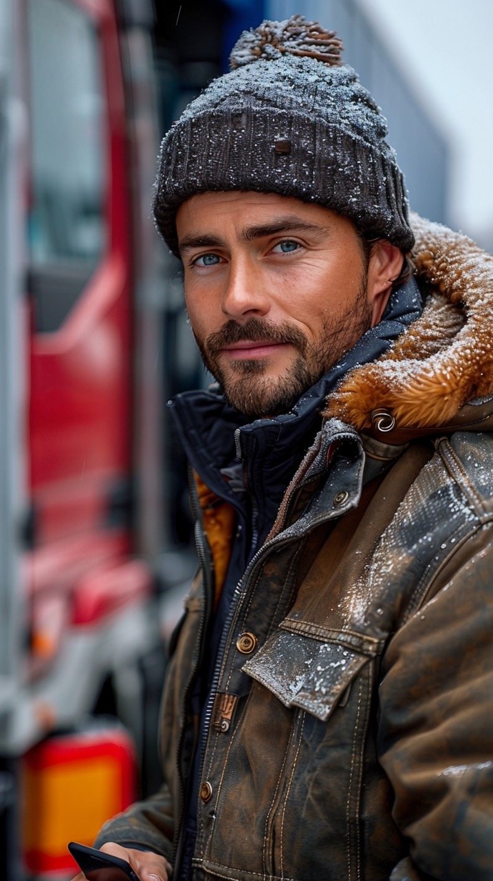 Young Truck Driver Using Smartphone by His Truck – Stock Photo