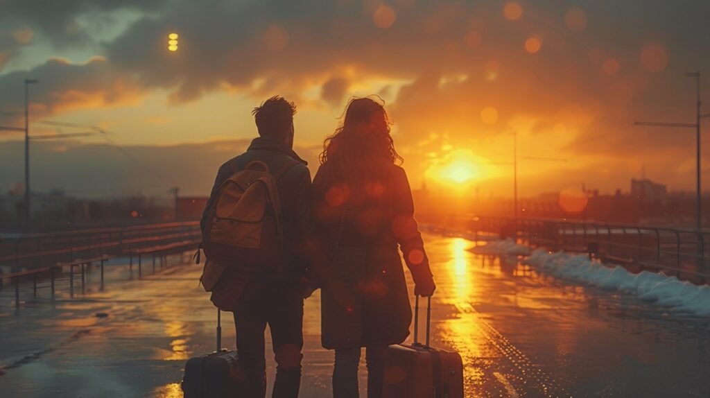 Young couple explores the world – stock photo capturing pair’s arrival in vibrant Valencia