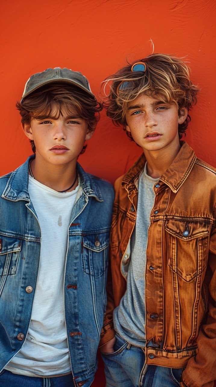 Youthful fashion Portrait of two stylish young boys on orange background – Vibrant stock photo