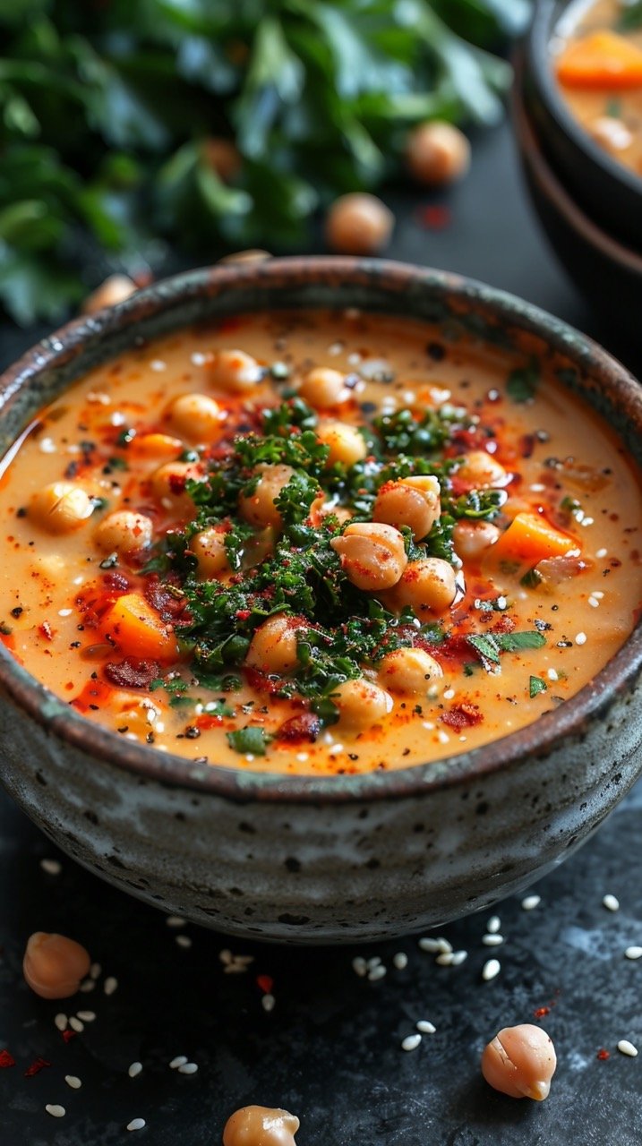 Zesty Harissa Soup – Delicious Bowl with Sweet Potato, Chickpeas, and Tahini in Stock Image