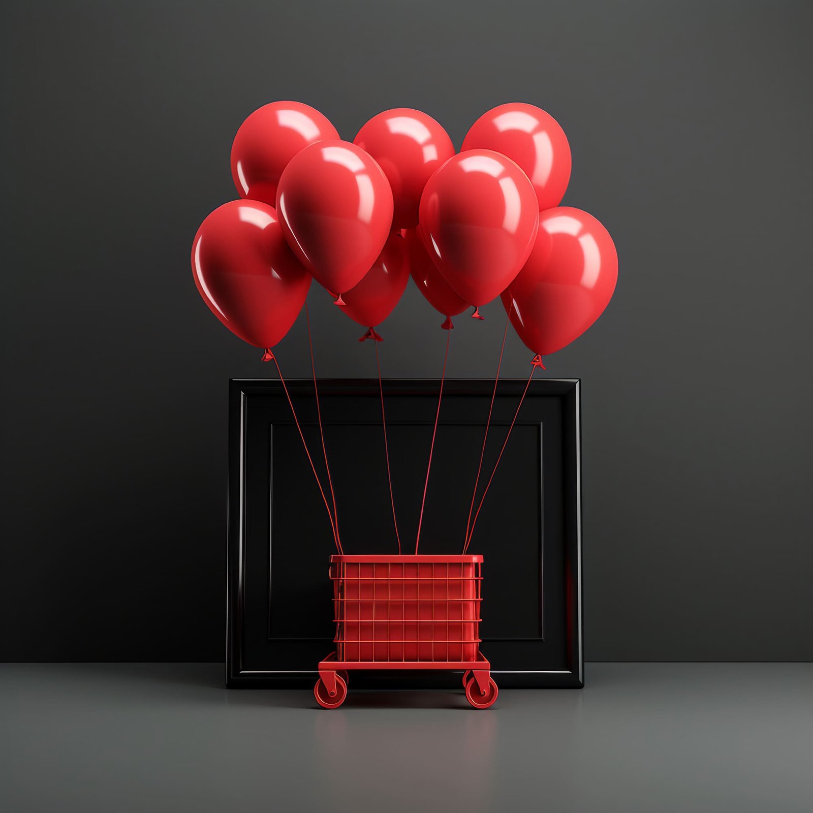 A 3D render stock image displays ‘Black Friday’ enclosed in a red frame, with red balloons enhancing the black background