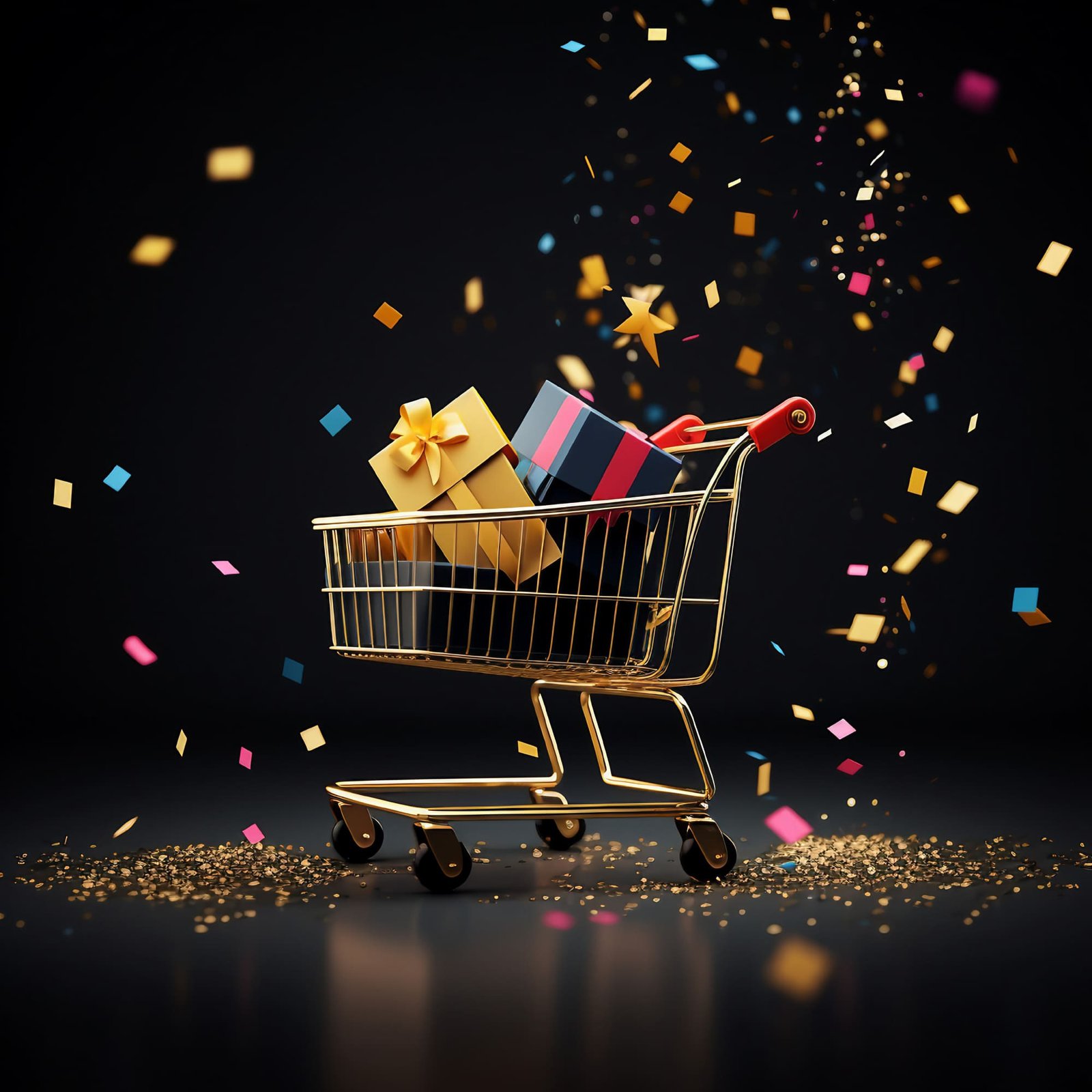 A 3D render stock photo featuring a Black Friday sale design with a shopping cart, gift box, and confetti against a black background